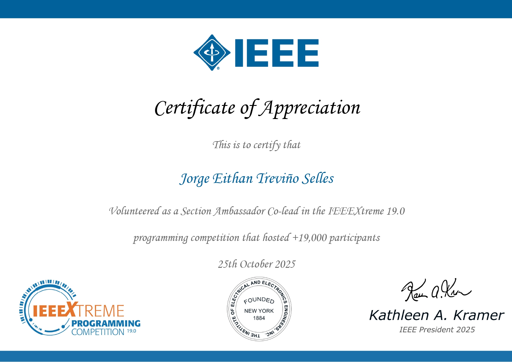 Certificado IEEEXTREME 19.0